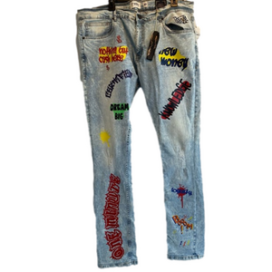 NWT FRWD Elevated Graffiti Denim Trousers Hip Hop Jeans Street Style size 42